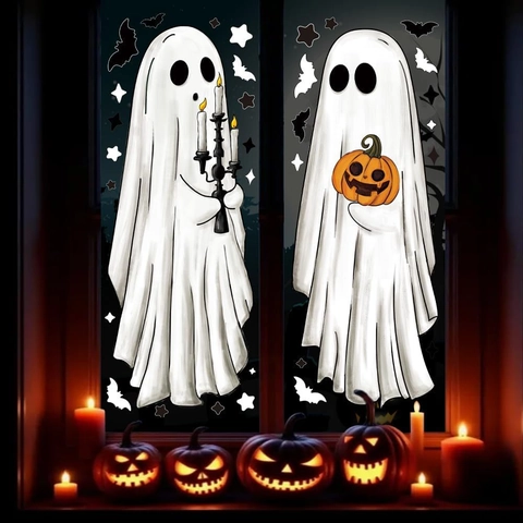 Adesivi per Finestre Halloween Fantasma Zucca Pipistrello Gatto Nero Carta Patinata Decalcomanie per Decorazione Vetro Festa