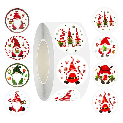 Autocollants Ronds Gnomes de Noël Étiquettes Autocollantes Imperméables pour Sceau de Cadeau de Vacances Décoration de Fenêtre