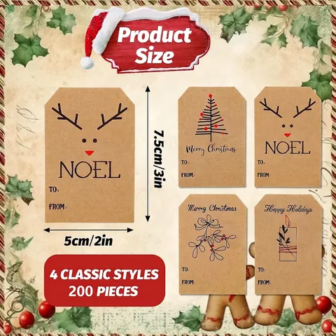 Frohe Weihnachten Kraftpapier Geschenketiketten Aufkleber Rentier Weihnachtsbaum Muster Selbstklebende Urlaubsverpackung