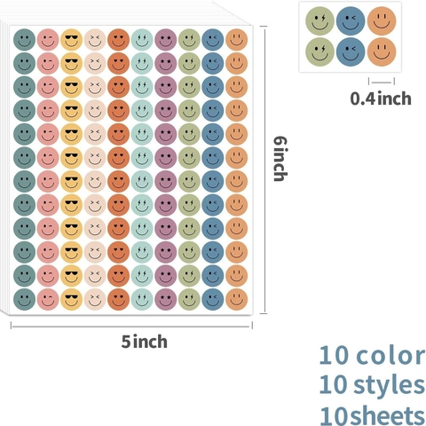 Bohemian Happy Smile Face Stickers For School Reward Behavior Chart Round Self Adhesive Labels Morandi Colors 10 Sheets