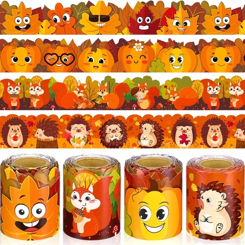 Autumn Thanksgiving Bulletin Board Border Stickers Cartoon Maple Leaf Pumpkin Hedgehog Squirrel Classroom Decoration Cute Wall Border Decor