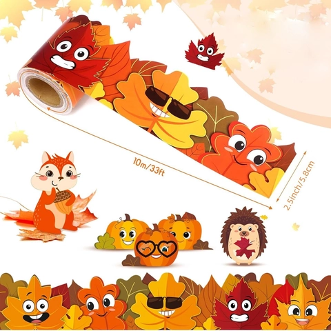 Autumn Thanksgiving Bulletin Board Border Stickers Cartoon Maple Leaf Pumpkin Hedgehog Squirrel Classroom Decoration Cute Wall Border Decor