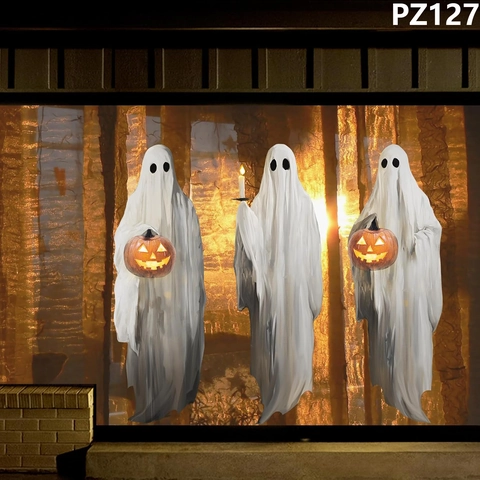 Halloween Window Clings Horror White Ghost With Pumpkin Lantern Pattern Static Cling Window Decals For Party Home Decoration