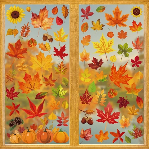 Autumn Harvest Window Clings Double Sided Printed Maple Leaf Pumpkin Acorn Stickers For Thanksgiving Fall Home Window Decor