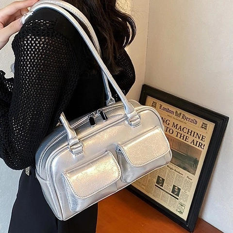 Bolso de Hombro de Moda para Mujer de Cuero de PU Brillante Bolso Tote Retro Con Doble Bolsillos Delanteros Bolso de Axila Casual