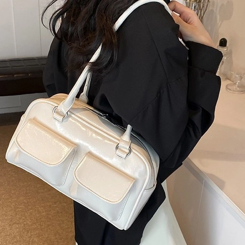 Bolso de Hombro de Moda para Mujer de Cuero de PU Brillante Bolso Tote Retro Con Doble Bolsillos Delanteros Bolso de Axila Casual