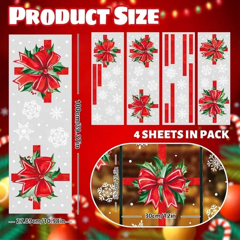 Red Christmas Bow Window Stickers Snowflake Holly Winter Reusable Window Decals For Holiday Home Glass Party Decoration
