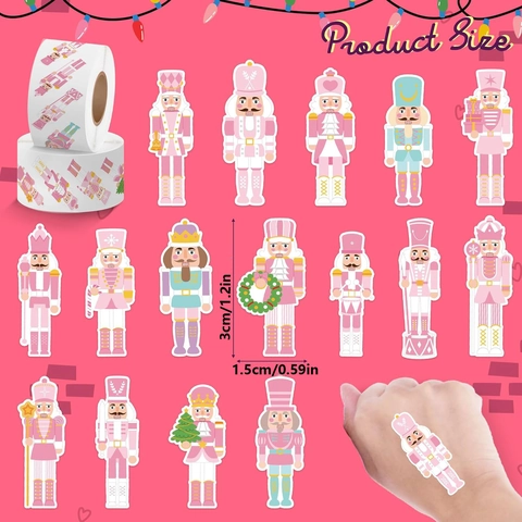 Rouleau d'Autocollants de Noël Casse-Noisette Rose Étiquettes Auto-Adhésives Soldat pour Emballage Cadeau et Scrapbooking