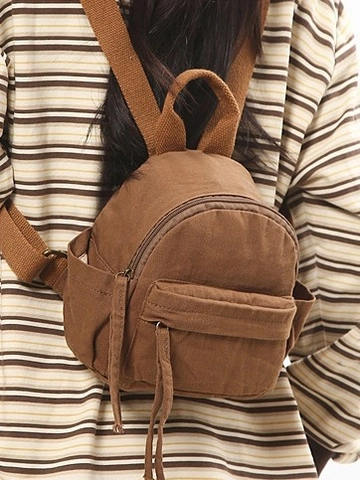 Women Casual Canvas Backpack Small Mini Bucket Travel Bag Retro Solid Color Water Washed Multi Pocket Daypack Fashion Accessory