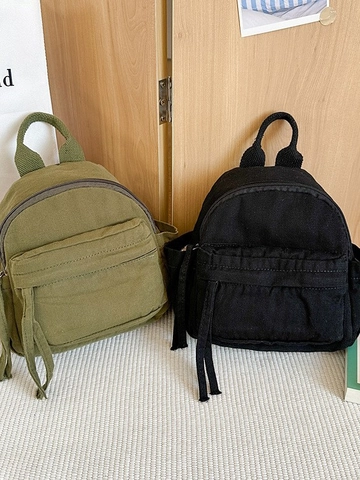 Women Casual Canvas Backpack Small Mini Bucket Travel Bag Retro Solid Color Water Washed Multi Pocket Daypack Fashion Accessory