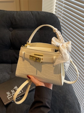 Bolso de Mano para Mujer Vintage con Patrón de Cocodrilo Cuero PU Bolso Bandolera Trapecio con Decoración de Pañuelo