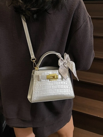 Bolso de Mano para Mujer Vintage con Patrón de Cocodrilo Cuero PU Bolso Bandolera Trapecio con Decoración de Pañuelo