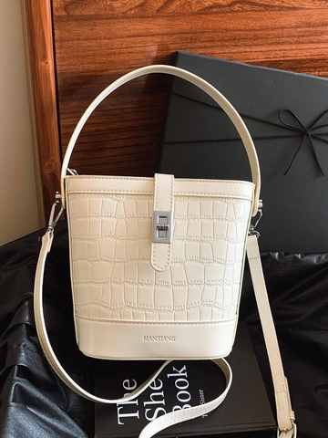 Damen Retro Krokodil Geprägte PU Leder Eimertasche Schicke Schlichte Umhängetasche Mit Silbernem Schloss Lässige Crossbody Tasche