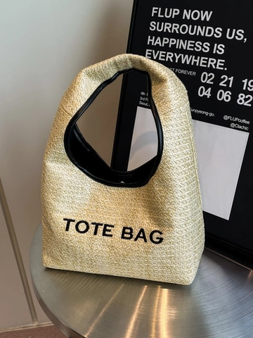 Gewebte Stroh Achseltasche Lässige Sommer Urlaub Schulterhandtasche Für Damen Einfacher Buchstabendruck Große Strandtasche