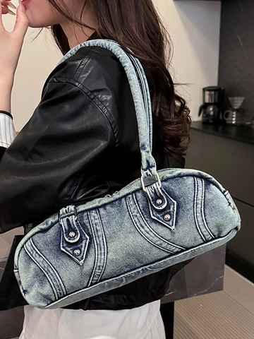 Vintage Washed Denim Boston Bag Women Large Capacity Shoulder Underarm Bag With Rivets Retro Y2K Streetwear Handbag