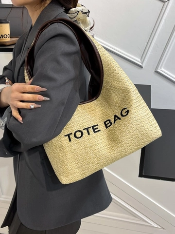 Gewebte Stroh Achseltasche Lässige Sommer Urlaub Schulterhandtasche Für Damen Einfacher Buchstabendruck Große Strandtasche