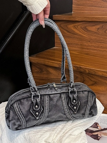 Vintage Washed Denim Boston Bag Women Large Capacity Shoulder Underarm Bag With Rivets Retro Y2K Streetwear Handbag