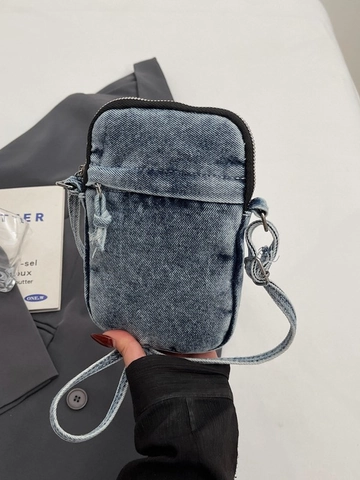 Women Japanese Minimalist Denim Crossbody Phone Bag Vintage Washed Small Shoulder Bag Casual Lightweight Cell Phone Purse