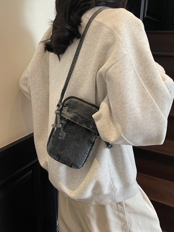 Women Japanese Minimalist Denim Crossbody Phone Bag Vintage Washed Small Shoulder Bag Casual Lightweight Cell Phone Purse