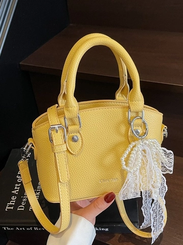 Women Lychee Pattern PU Leather Bucket Bag With Lace Bow Artificial Pearl Charm Fashion Crossbody Handbag For Daily Commute