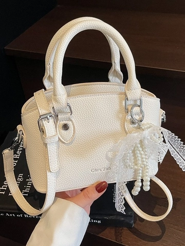 Women Lychee Pattern PU Leather Bucket Bag With Lace Bow Artificial Pearl Charm Fashion Crossbody Handbag For Daily Commute