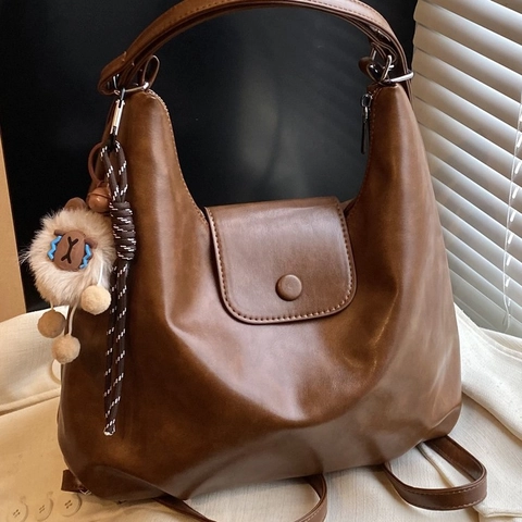 Vintage PU Leder Multifunktionaler Rucksack Für Damen Große Kapazität Schultertasche Mit Plüsch Anhänger Casual Travel Daypack