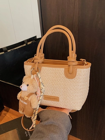 Damen Gewebte Stroh Eimertasche Mit Bär Anhänger PU Leder Besatz Kleine Sommer Strand Schultertasche Urlaub Handtasche
