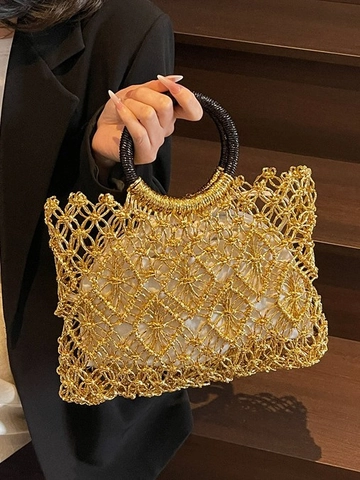 Secchiello Intrecciato Metallico da Donna Con Busta Interna Manico Rotondo Borsa da Spiaggia Vacanza Borsa a Spalla Casual