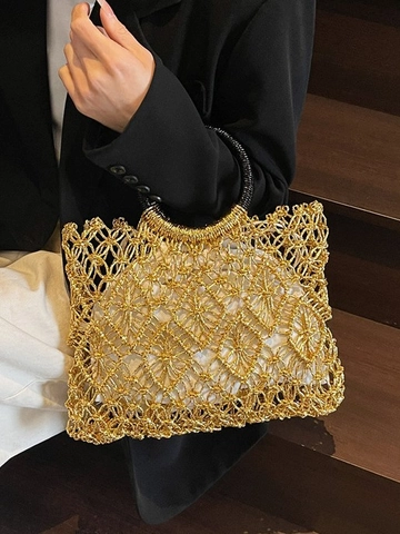 Secchiello Intrecciato Metallico da Donna Con Busta Interna Manico Rotondo Borsa da Spiaggia Vacanza Borsa a Spalla Casual