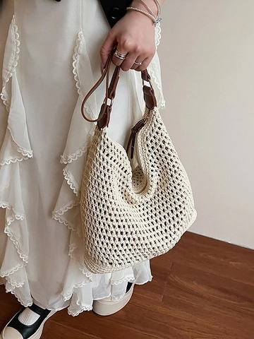Borsa Tote in Paglia Intrecciata a Mano per Donna Grande Capacità Borsa a Tracolla Traforata Estate Spiaggia Vacanza Hobo Bag