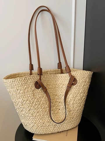 Borsa Tote in Paglia Intrecciata da Donna Grande Capacità Con Tracolla in Pelle Borsa a Tracolla da Spiaggia per l'Estate