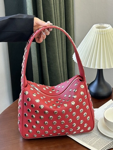 Women Studded Underarm Bag PU Leather Rivet Shoulder Handbag Retro Punk Hobo Bag Modern Streetwear Handbag Zipper Closure