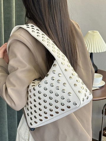Women Studded Underarm Bag PU Leather Rivet Shoulder Handbag Retro Punk Hobo Bag Modern Streetwear Handbag Zipper Closure
