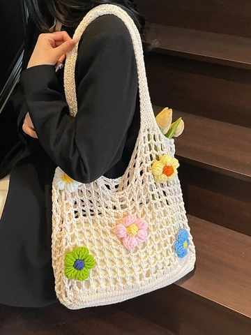 Knitted Hollow Tote Bag For Women Bohemian Mesh Shoulder Bag With Stereo Flowers Casual Summer Beach Crochet Handbag Gift