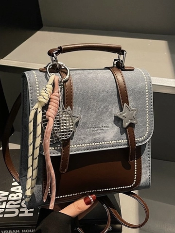 Damen Retro Patchwork Rucksack PU Leder Mode College Stil Schultasche Kleiner Handtaschen Rucksack Mit Sternschnalle