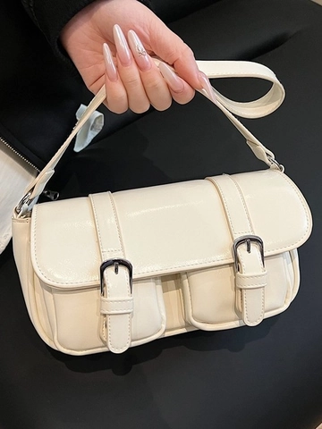Vintage Glossy PU Leather Underarm Bag For Women Fashion Double Buckle Pocket Shoulder Crossbody Square Bag Urban Style