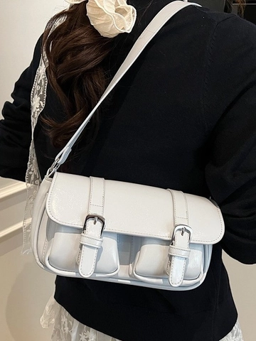 Vintage Glossy PU Leather Underarm Bag For Women Fashion Double Buckle Pocket Shoulder Crossbody Square Bag Urban Style