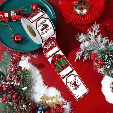 Rouleau d'Autocollants d'Étiquettes de Cadeau de Noël à Carreaux Buffalo Étiquettes de Nom de Fête Autocollantes pour Décoration d'Emballage