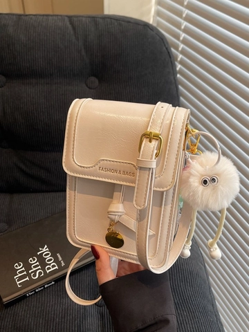 Women Trendy PU Leather Mini Crossbody Bag With Plush Monster Keychain Small Square Phone Shoulder Bag Daily Outdoor Pouch