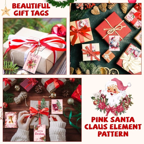 Pink Vintage Christmas Gift Tags With Hemp Rope Santa Snowman Reindeer Holiday Wrapping Paper Tags For Festive Decor