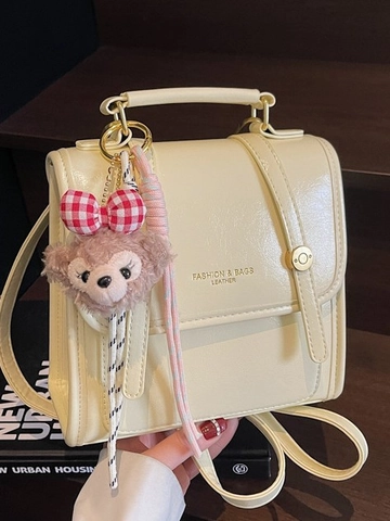 Vintage PU Leder Mini Rucksack Für Damen Mode Vielseitige Quadratische Schultertasche Mit Süßem Plüschbär Anhänger