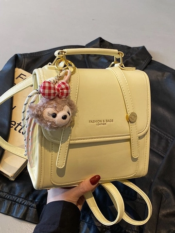 Vintage PU Leder Mini Rucksack Für Damen Mode Vielseitige Quadratische Schultertasche Mit Süßem Plüschbär Anhänger