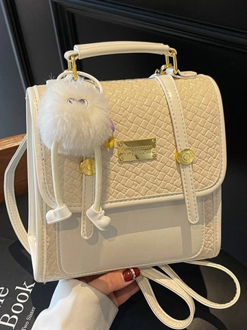 Women Fashion PU Leather Backpack Woven Texture Handbag With Plush Pendant Versatile Casual Shoulder Bag For Ladies