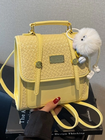 Women Fashion PU Leather Backpack Woven Texture Handbag With Plush Pendant Versatile Casual Shoulder Bag For Ladies
