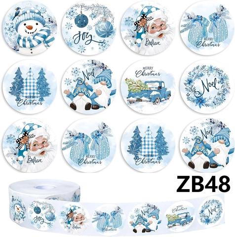 Watercolor Christmas Stickers Roll Blue White Santa Snowman Gnome Labels For Envelope Seal Gift Wrap Holiday Decoration