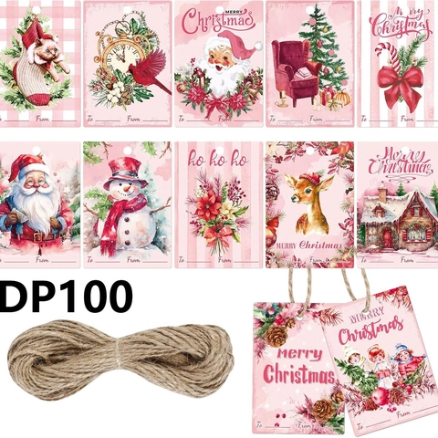 Pink Vintage Christmas Gift Tags With Hemp Rope Santa Snowman Reindeer Holiday Wrapping Paper Tags For Festive Decor