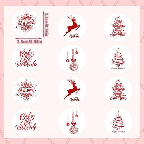 Christmas Round Decorative Self-Adhesive Stickers Reindeer Snowflake Pattern Labels For Holiday Gift Box Envelope Sealing Scrapbooking Decor
