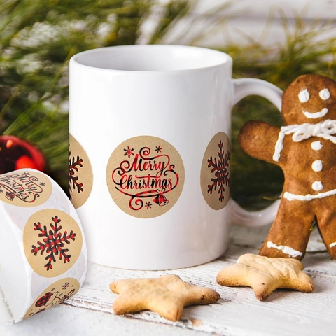 Carreaux Buffalo Noël Autocollants Joyeux Noël Papier Kraft Étiquettes Rondes Pour Emballage Cadeau Fête Rouleau