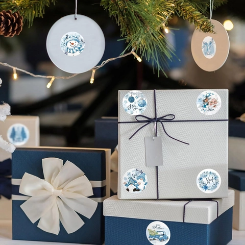 Watercolor Christmas Stickers Roll Blue White Santa Snowman Gnome Labels For Envelope Seal Gift Wrap Holiday Decoration
