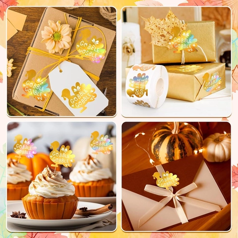 Adesivi Tacchino del Ringraziamento Foglia Oro Olegrafici Modello Gobble Gobble Etichette di Sigillo per Busta Regalo